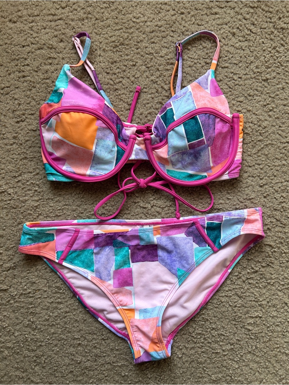 Nanette Lepore Pink Geometric Tie Back Bikini Set